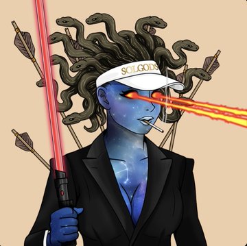 A stylized digital illustration of a blue-skinned female version of Medusa wearing a black suit and a white 'SOLGODS' visor, holding a red lightsaber with laser beams shooting from her eyes and arrows stuck in her snake-hair.