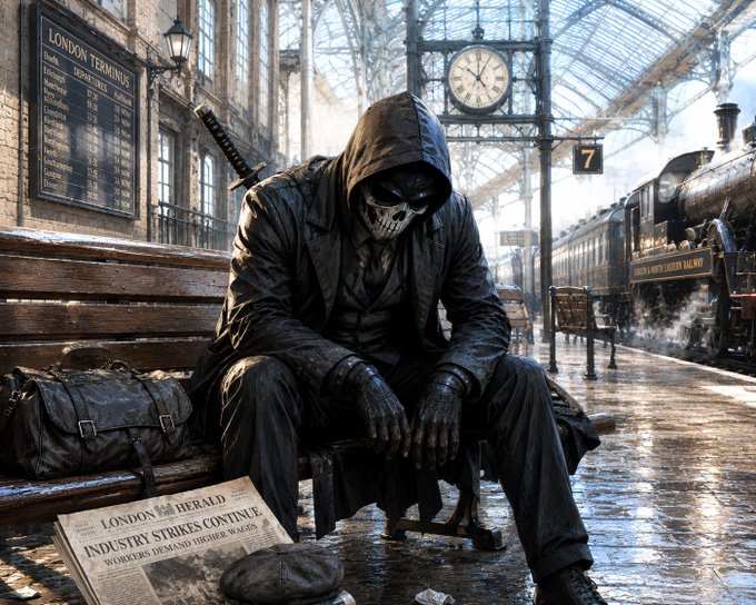 A dark, atmospheric digital illustration of a skeletal, hooded figure in a trench coat sitting on a bench at London Terminus, with a newspaper reading 'INDUSTRY STRIKES CONTINUE' and 'WORKERS DEMAND HIGHER WAGES' at their feet.