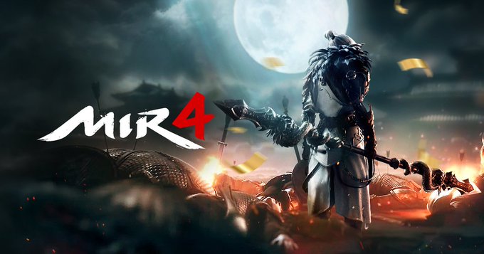 MIR4 video game promotional artwork featuring a warrior character in armor holding a large weapon, with the MIR4 logo displayed in white and red text against a moonlit battlefield background.