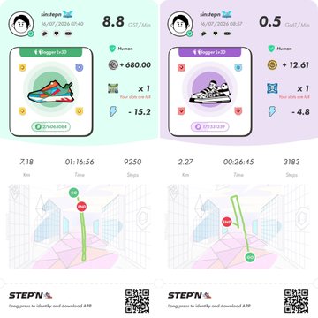 StepN app screenshots showing two sneaker NFT profiles with earnings stats, GST/Min rates, and route maps at the bottom.