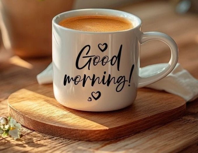 A white ceramic mug filled with coffee or tea, decorated with the text 'Good morning!' and small hearts, sitting on a wooden coaster on a rustic wooden table.