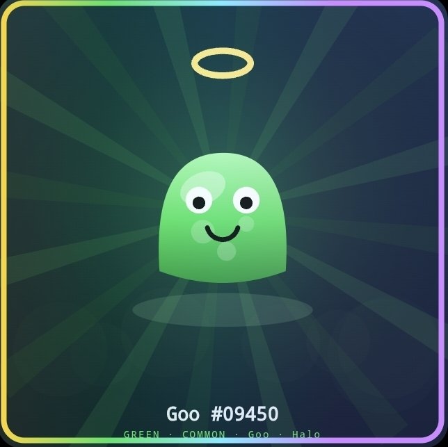 A digital collectible card displays a smiling green ghost-like character with a halo, labeled 'Goo #09450' with tags 'GREEN · COMMON · Goo · Halo'.