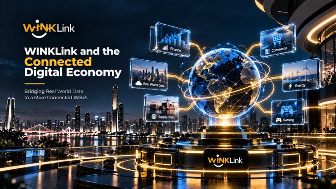 A promotional graphic for 'WINkLink' titled 'WINkLink and the Connected Digital Economy - Bridging Real World Data to a More Connected Web3,' featuring a glowing globe surrounded by floating icons labeled 'Finance,' 'Commerce,' 'Energy,' 'Gaming,' 'Supply Chain,' and 'Real World Data,' set against a nighttime cityscape.