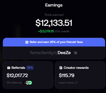 The image shows an "Earnings" dashboard displaying a total earned amount of $12,133.51 (with +$3,078.15 earned this week), broken down into $12,017.72 from referrals (131 referred users, 25% commission) and $115.79 from creator rewards. It features a referral link "fomo.family/r/DeeZe" with a "Refer and earn 25% of your friends' fees" banner, illustrating the user's substantial referral earnings referenced in the caption about top leaderboard earners.