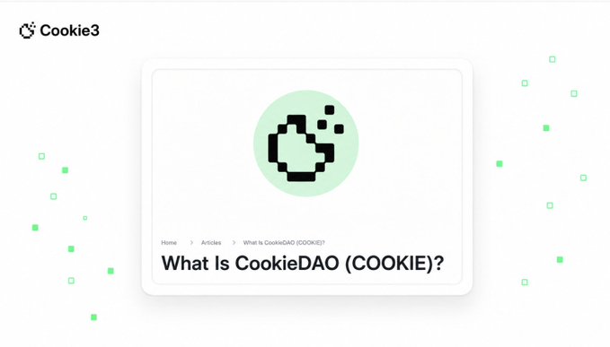 The image shows a Cookie3-branded article header featuring a pixelated cookie icon, with the title "What Is CookieDAO (COOKIE)?" displayed as a featured piece on Binance Academy. This relates to the accompanying post, which highlights that Binance Academy has published a full explainer on CookieDAO translated into 16 languages, potentially serving as an educational resource for those interested in learning more about the project.