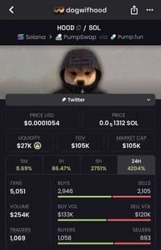 A screenshot from a meme coin tracking website shows the $HOOD/SOL token (dogwifhood), featuring a dog in a hooded outfit as its mascot. Key metrics displayed include a price of $0.0001054, $105K FDV and market cap, $254K 24H volume, 1,069 traders, and 2,948 buys versus 1,058 sells, supporting the post's claim of bullish trading activity for the dogwifhood token.