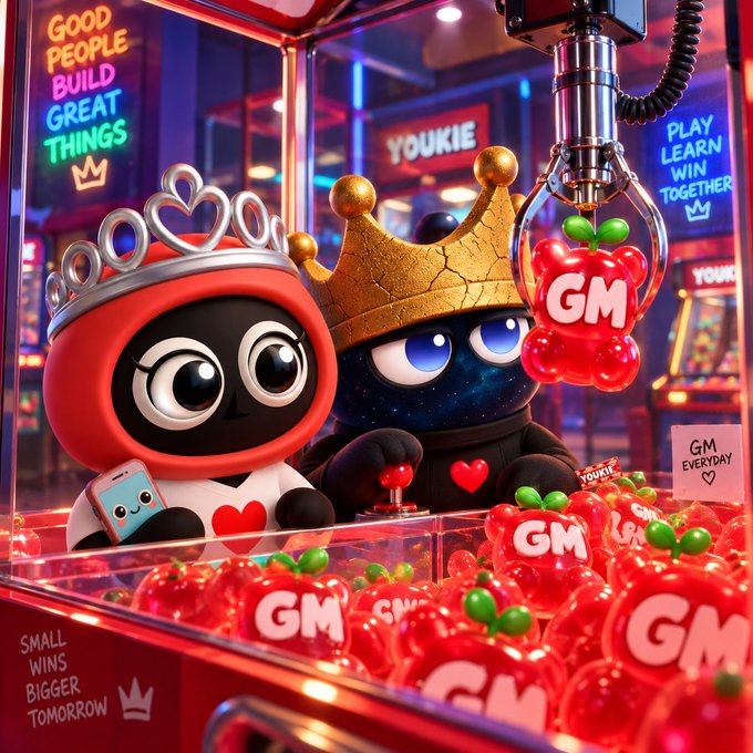 A vibrant arcade claw machine scene featuring two crowned cartoon characters and red gummy bear-like items labeled 'GM' and 'YOUKIE,' with neon signs reading 'GOOD PEOPLE BUILD GREAT THINGS' and 'PLAY LEARN WIN TOGETHER.'