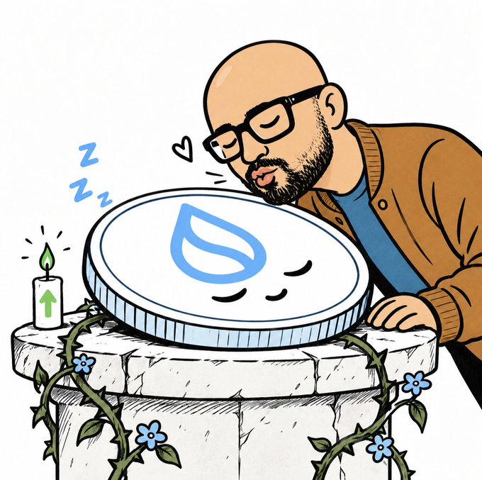 A cartoon illustration of a bearded man with glasses kissing a sleeping Sui cryptocurrency coin on a stone pedestal, accompanied by a candle with an upward arrow.