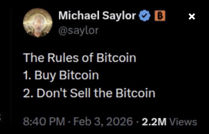 This image shows a tweet from Michael Saylor (@saylor) titled "The Rules of Bitcoin" which lists "1. Buy Bitcoin" and "2. Don't Sell the Bitcoin." The tweet's content directly contrasts with the accompanying post stating that Saylor "sold ANOTHER 1637 bitcoin."