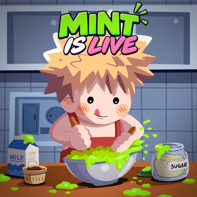 A cartoon character with spiky blonde hair enthusiastically mixes a green batter in a bowl, surrounded by a milk carton, sugar jar, and scattered green spills, with the bold text "MINT IS LIVE" displayed at the top to announce the limited-time minting event on OpenSea.