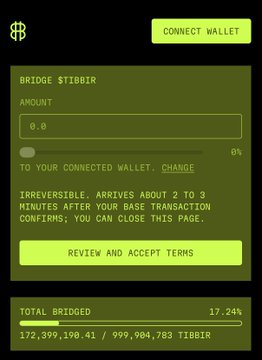 A dark-themed cryptocurrency interface showing a "BRIDGE $TIBBIR" panel, an amount field at 0.0, and a total bridged amount of 172,399,190.41 out of 999,904,783 TIBBIR.