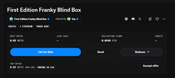 A screenshot of an NFT marketplace listing for "First Edition Franky Blind Box" on ERC721/ETHEREUM, token #207, showing a best offer of 0.02 WETH, collection floor of 0.0249 ETH, and a top offer of 0.02 METH ($53.89) ending in 11 hours.