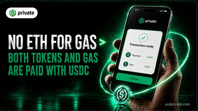 An advertisement for 'private' (usdprivate.com) promotes 'NO ETH FOR GAS,' stating that both tokens and gas are paid with USDC, alongside an image of a phone showing a 'Transaction ready' confirmation screen.