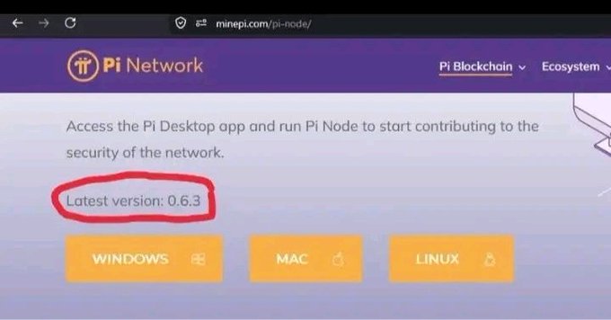 A screenshot of the Pi Network website (minepi.com/pi-node/) showing a circled "Latest version: 0.6.3" and download buttons for Windows, Mac, and Linux.