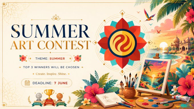 The image features a poster for an art contest called "Summer Art Contest" that takes place during the summer season. The poster showcases various artwork pieces, including paintings of tropical landscapes with palm trees and flowers, as well as other creative designs. The theme of the contest is "Summer", and it encourages participants to express their creativity through paints and brushes. Three winners have been chosen so far, and they will be rewarded with a pool of 10 INJ (International Jumbo Injection) and 5 INJ (International Jumbo Injection).