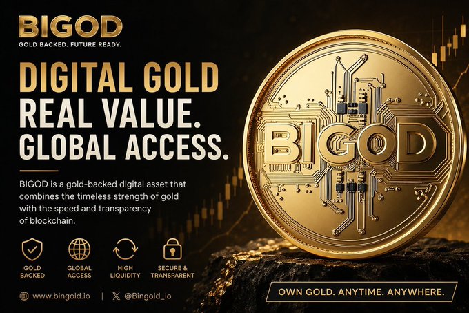 An advertisement for 'BIGOD' digital gold, featuring a large gold coin with circuit board designs and the text 'GOLD BACKED. FUTURE READY. DIGITAL GOLD REAL VALUE. GLOBAL ACCESS.' along with their website.