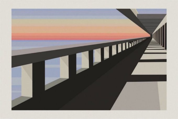 A stylized graphic illustration depicts a bridge extending into the distance toward a sunset or sunrise, with a warm orange and pink sky above blue water.