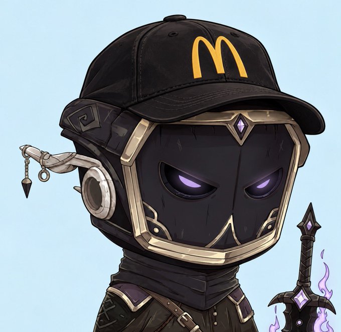Digital illustration of a hooded character wearing a McDonald's cap and a dark mask with glowing purple eyes, holding a dark sword.