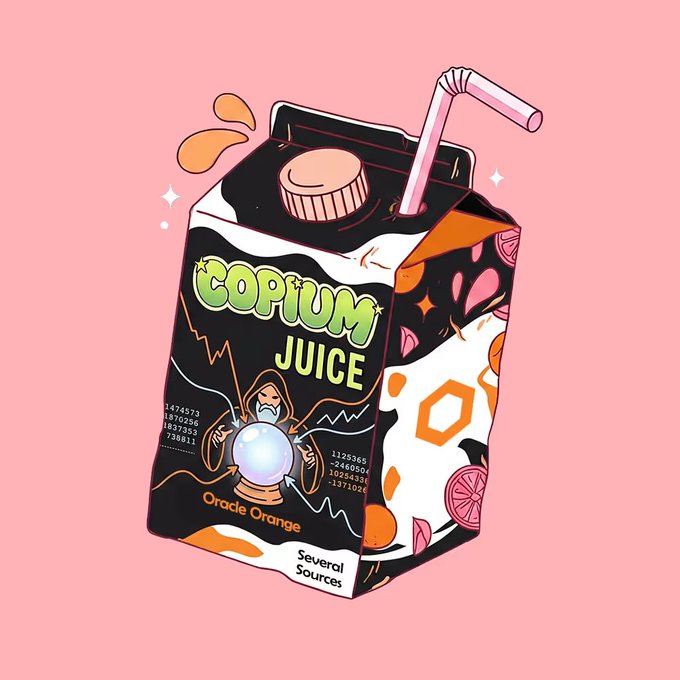 An illustration of a juice carton labeled "COPIUM JUICE" in "Oracle Orange" flavor on a pink background, featuring an oracle character holding a crystal ball.