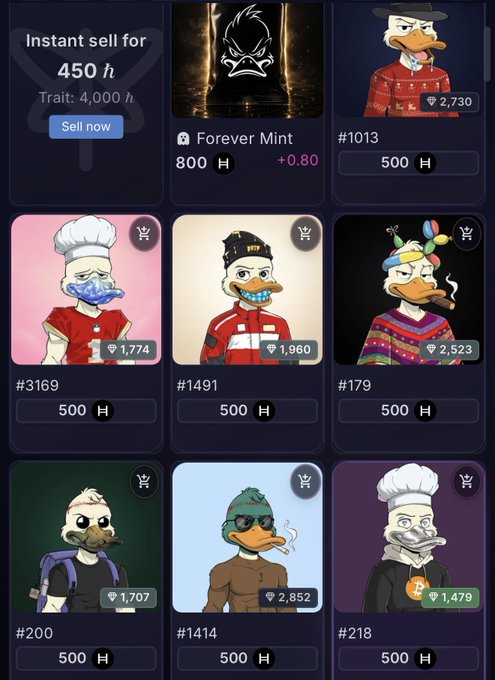 A screenshot of an NFT marketplace showing various Duck-themed digital collectibles with prices in cryptocurrency, including a 'Forever Mint' and several unique duck avatars.
