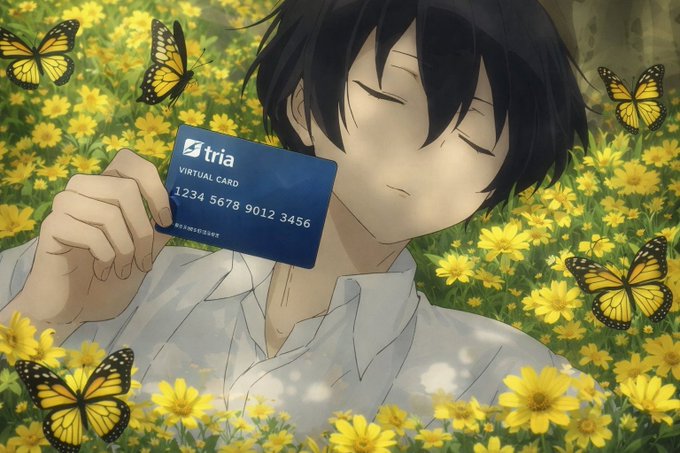 The image features a man holding up a credit card with the words "useTria" written on it. The man appears to be resting or sleeping among yellow flowers, surrounded by butterflies. The scene suggests that the man might have just made a purchase using his Tria Credit Card and is now taking a break in a peaceful environment.