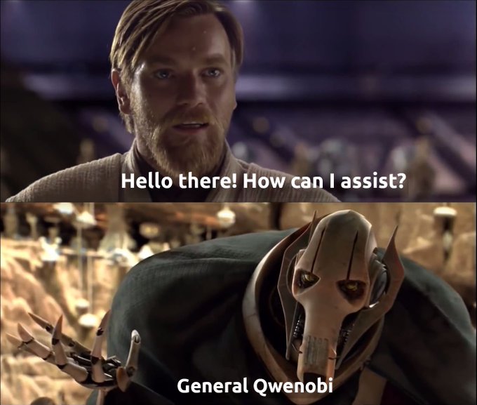 A two-panel Star Wars meme showing Obi-Wan Kenobi saying 'Hello there! How can I assist?' and General Grievous labeled as 'General Qwenobi' (a play on AI chatbot Qwenobi).
