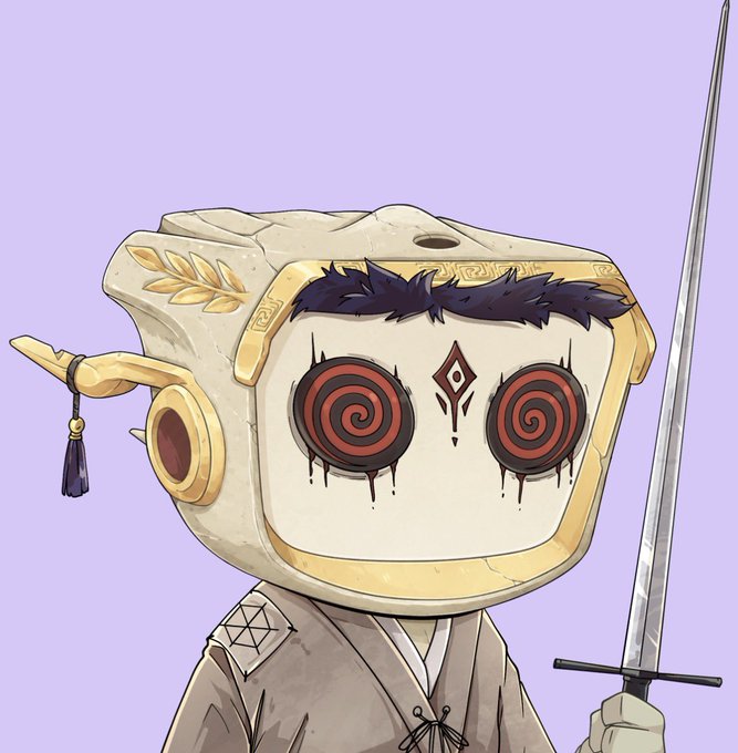 Illustration of a robot character with a TV-shaped head displaying red spiral hypnotic eyes, dressed in samurai-style robes and holding a katana sword against a light purple background.