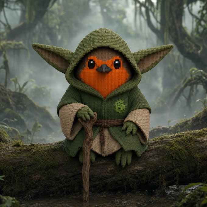 A stylized image of a knitted/crocheted creature resembling an orange-faced Yoda-like figure wearing a green hooded robe, sitting on a moss-covered log in a misty forest.