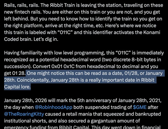 Article excerpt discussing a 'Ribbit Train' labeled with '011C,' which is interpreted as hexadecimal for '01 28,' linking it to the January 28th date in Ribbit Capital lore related to the 2021 GME/RoaringKitty event.
