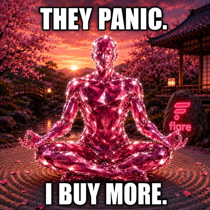 A meme image featuring a glowing pink crystalline humanoid in a meditation pose against a Japanese cherry blossom sunset, with the Flare logo on a stone and the text "THEY PANIC. I BUY MORE."