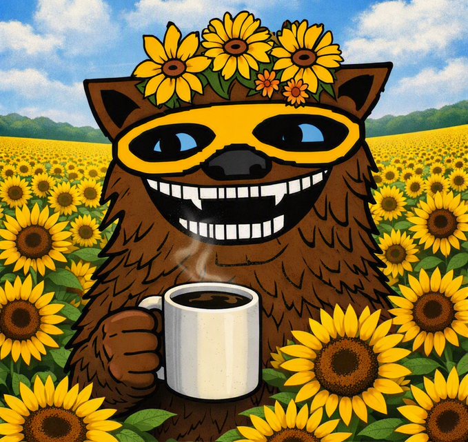 An illustration of a smiling brown furry creature wearing a yellow mask and a crown of sunflowers, holding a steaming cup of coffee in a sunflower field.