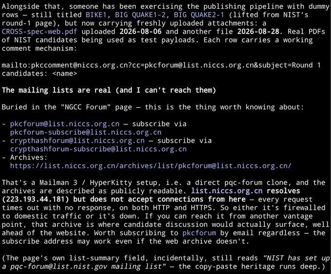A block of technical text discussing NIST post-quantum cryptography candidate testing, mentioning mailing list addresses at niccs.org.cn, including 'pkcforum@list.niccs.org.cn' and 'crypthashforum@list.niccs.org.cn', and the IP address (223.193.44.181).