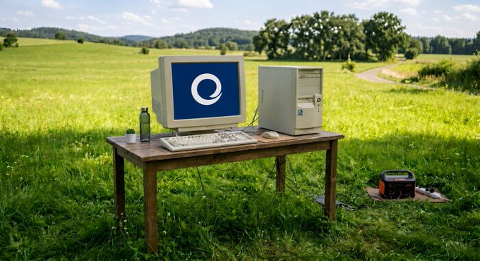 A vintage desktop computer setup with a CRT monitor, keyboard, and tower sits on a wooden table in the middle of a lush green field, with a portable generator powering the arrangement nearby. The image humorously illustrates the post's "Touch grass" message by literally placing technology on grass while implying the rest of life's tasks are handled in the background.