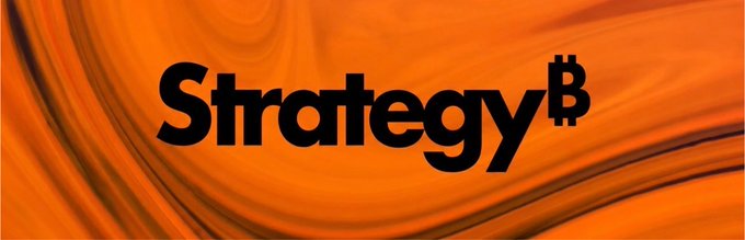A bold black "StrategyˇB" logo is centered against a flowing, liquid orange background. The image visually represents Strategy (formerly MicroStrategy, ticker $MSTR), the company discussed in the post about Bitcoin security practices.