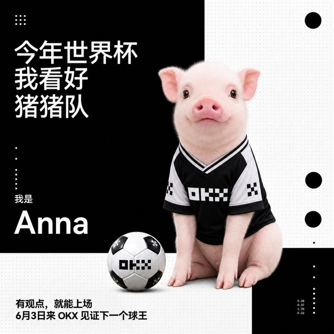 The image features a cute pig wearing a black and white soccer jersey, sitting next to a soccer ball. The background of the image has a black and white color scheme with dots scattered around. The caption below the image reads "OKX 预测市场！周三尽请期待". This suggests that the pig is promoting a soccer event or team, possibly for an OKX company.