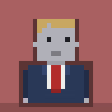 A pixel art illustration of a gray-haired character wearing a blue suit and red tie against a red background.
