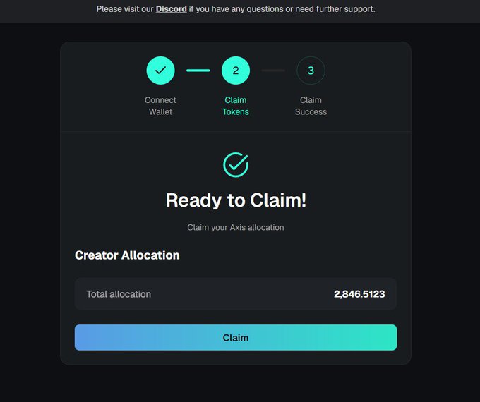 A dark webpage displays a three-step progress tracker, “Connect Wallet,” “Claim Tokens,” and “Claim Success,” above “Ready to Claim!” and a “Claim” button for an Axis allocation of 2,846.5123.