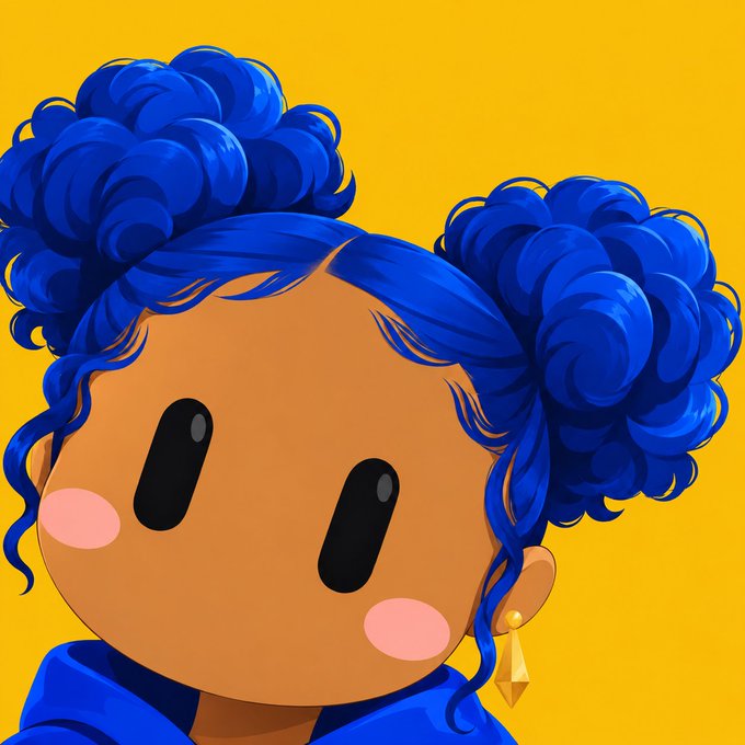 A cartoon illustration of a character with bright blue curly hair styled in two buns, set against a solid yellow background.