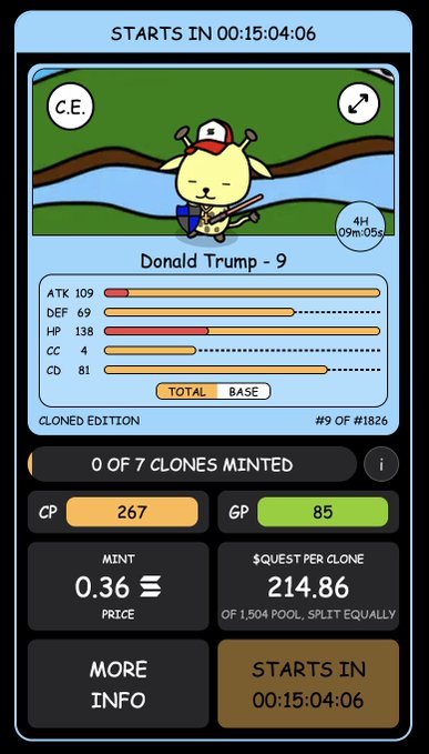 The image shows a "Cloned Edition" NFT card from Critters Quest featuring a character named "Donald Trump - 9," with stats like ATK 109, DEF 69, HP 138, CC 4, CD 81, priced at 0.36 SOL for minting and a quest reward of 214.86 $QUEST per clone. It ties to the post by showcasing one of the cartoon critter NFT cards hosted on the Solana blockchain, which the user is humorously declaring ownership of.