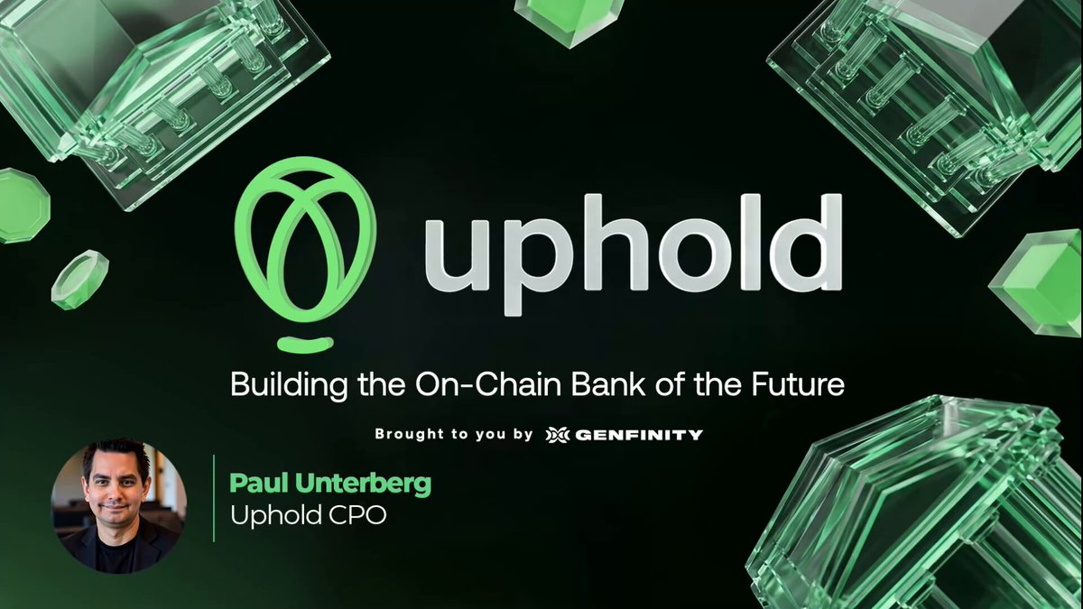 The image features a man with a beard, wearing glasses, sitting behind a computer screen displaying an advertisement for Uphold. The background of the image is black, which contrasts with the green logo that reads "Uphold". Below this logo, there are three different types of glass objects arranged in a circular pattern, creating a visually appealing and modern design element. The text at the bottom of the image states "Uphold is Building the On-Chain Bank of the Future", indicating the company's focus on developing innovative solutions for financial institutions.