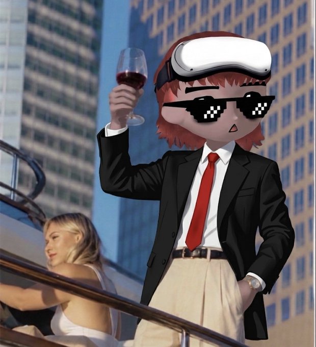 A digital illustration of a chibi-style character with red hair wearing a VR headset and pixelated sunglasses, dressed in a suit with red tie and holding a wine glass, set against a cityscape background.