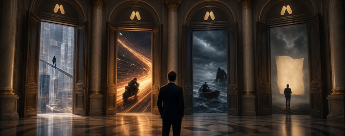 A silhouetted figure stands in a grand hall facing four arched portals, each opening to different cinematic worlds including a cityscape, a desert speeder chase, a stormy sea with a boat, and a figure before a glowing map.