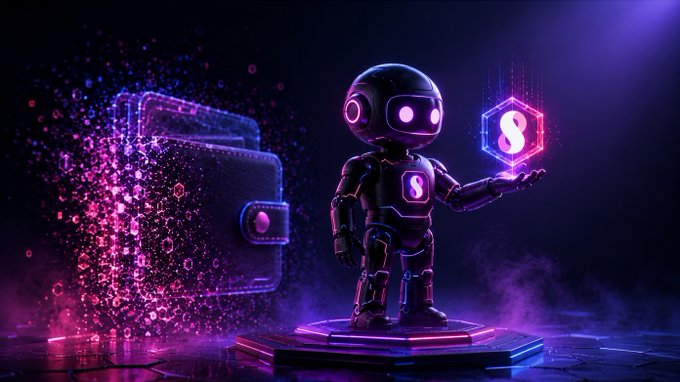 The image features a robot standing next to a wallet, with the wallet appearing to be broken or damaged. The robot has a futuristic design and is holding up an object that resembles a hexagon. The background of the image is dark purple, which contrasts with the lighter colors used for the robot and the wallet. The text in the image reads "The agent layer isn' just a feature-it's the next interface to #Web3 Instead of wallets and clicks: Delegation to agents on @supraosai #SUPRA_Labs @JoshuaTobkin".