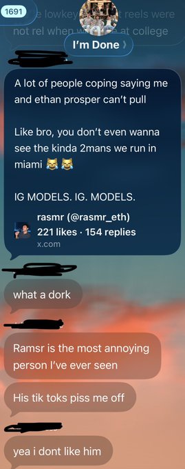 A screenshot of a social media conversation with messages discussing Ethan Prosser, including criticism of 'rasmr' and complaints about 'Ramsr' being annoying, with 221 likes and 154 replies visible.