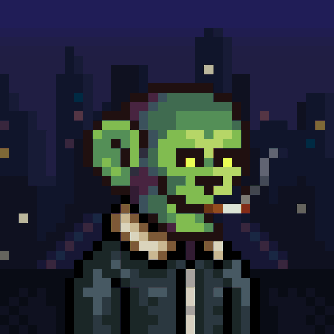 A pixel art illustration depicts a green-skinned figure smoking a cigarette against a dark city skyline with lit windows.
