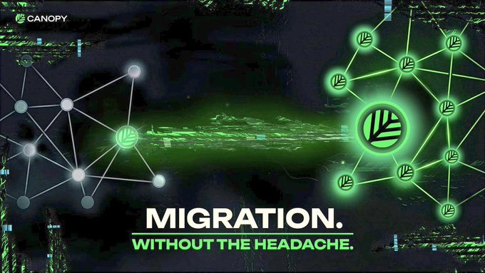A digital graphic featuring the Canopy (CNPYNetwork) logo shows a network of nodes transitioning from smaller gray/white clusters on the left to larger, glowing green interconnected nodes on the right, visually symbolizing network growth or migration. Bold text reads "MIGRATION. WITHOUT THE HEADACHE."

The image reinforces the post's message about Canopy simplifying blockchain deployment by visually depicting a smooth, headache-free network migration—aligning with the theme of reducing friction so builders can experiment and innovate more freely.