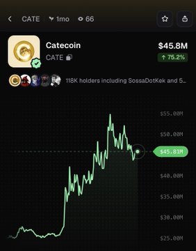 The image displays a price chart for CATE (Catecoin), showing a current value of $45.8M with a notable 75.2% increase, visually confirming the post's claim of the token's significant daily gain.