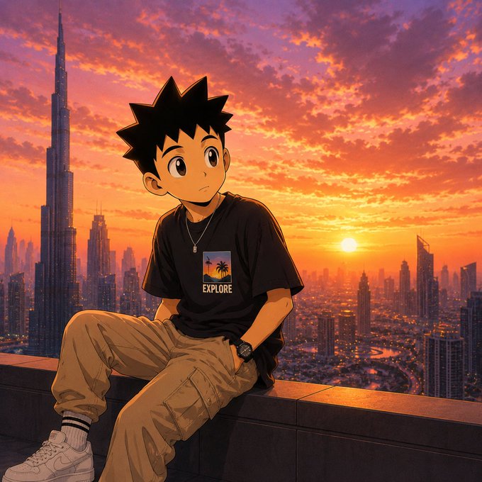 The image features a young boy sitting on a ledge or balcony at sunset, looking out over a city skyline. The sky has an orange hue, which complements the warm tones of the boy's black t-shirt with a palm tree design. The cityscape in the background is filled with tall buildings and skyscrapers, creating a sense of depth and perspective. The image also includes text that reads "GM fam New day, new energy, new opportunities. Building, learning, and growing every day with @utexocom". This suggests that the boy might be contemplating his life or future plans while enjoying the view of the city at sunset.