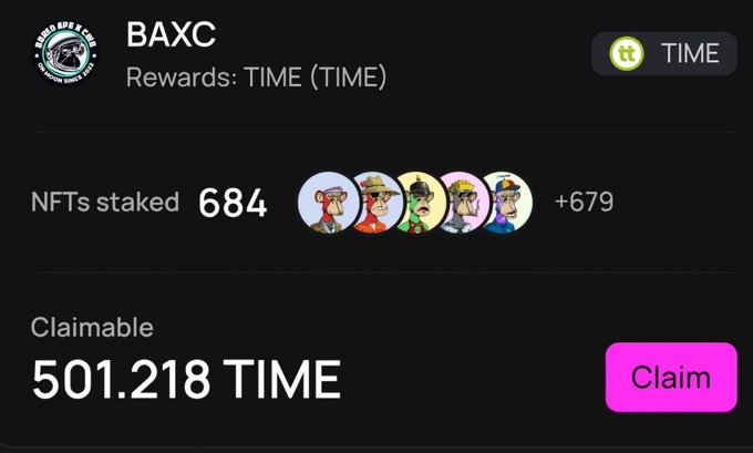 A digital dashboard labeled BAXC shows 684 NFTs staked and 501.218 TIME tokens claimable, with a pink Claim button.