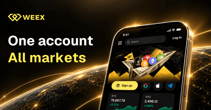 Promotional banner for WEEX exchange with the tagline 'One account All markets,' displaying a smartphone interface showing BTC and XAU prices, oil logos, and various cryptocurrency icons.